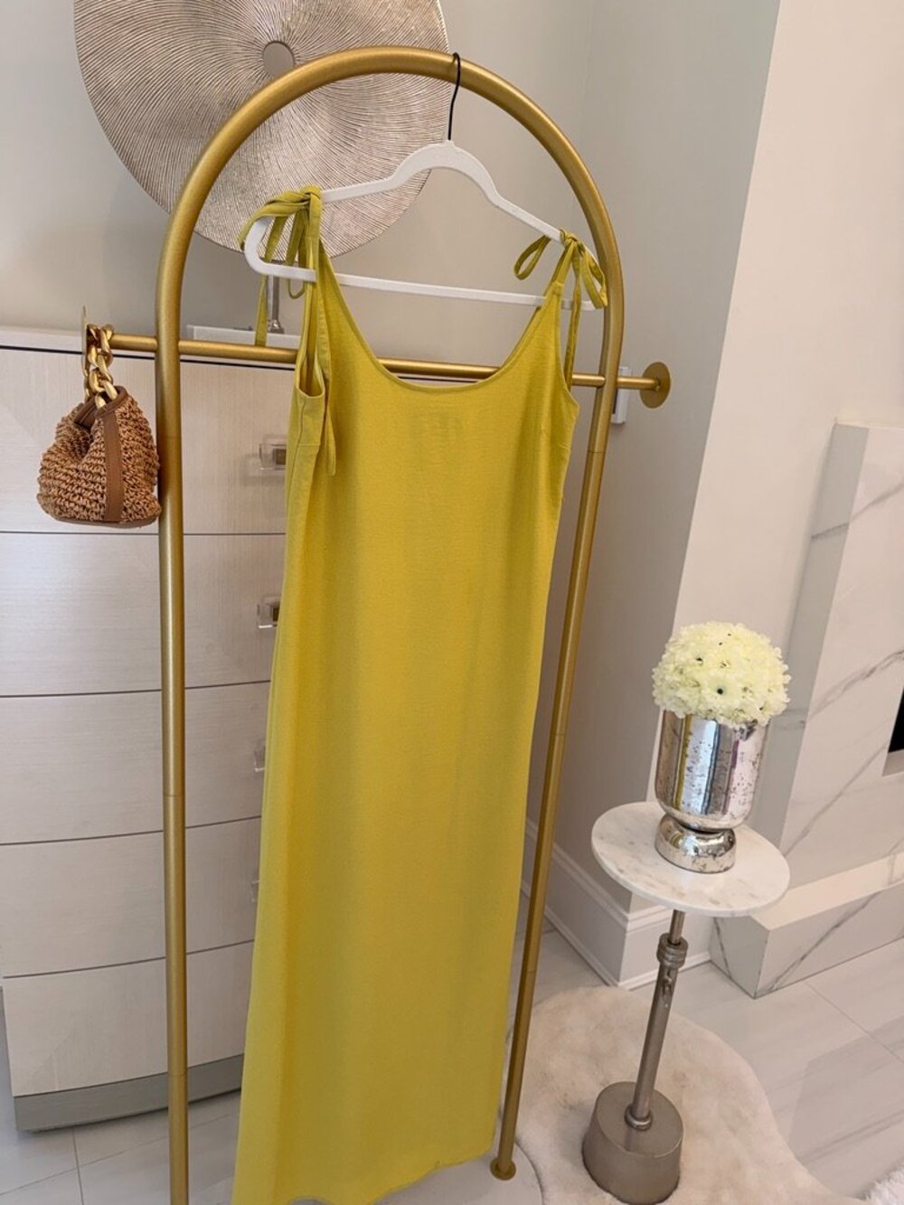 Lulus Chartreuse Yellow Tie Shoulder Maxi Dress Side Slit Size Small